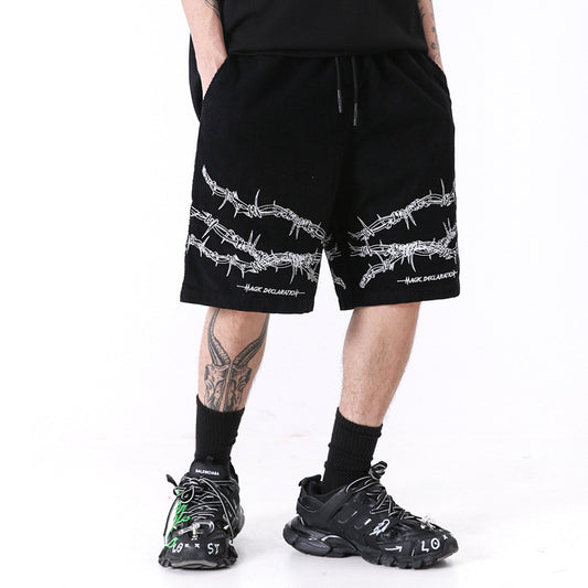 Shorts Casuales Hombre con Estampado de Espinas Lavado Vintage