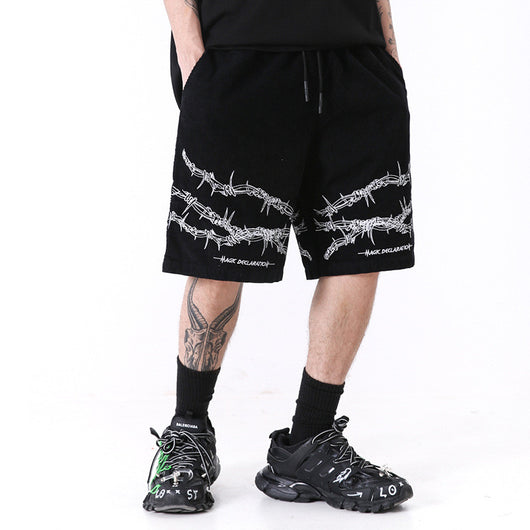 Shorts Casuales Hombre con Estampado de Espinas Lavado Vintage