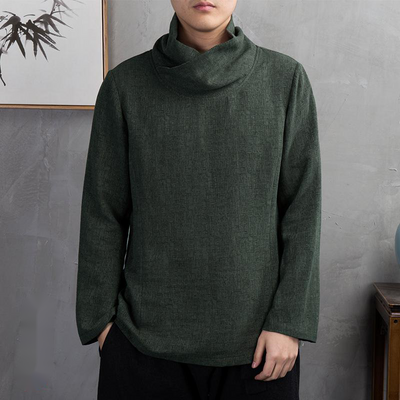 Camiseta Lino Casual Manga Larga Estilo Asiático para Hombre