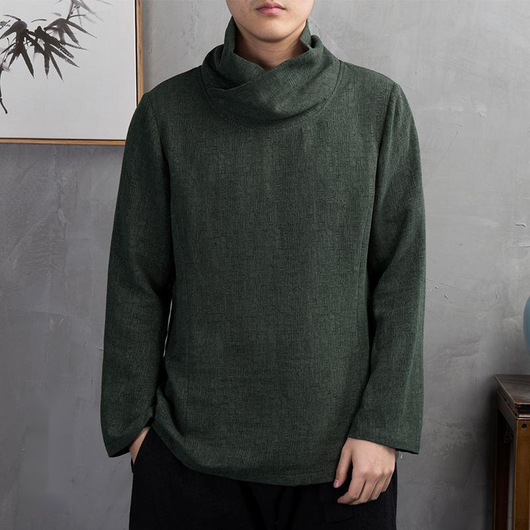 Camiseta Lino Casual Manga Larga Estilo Asiático para Hombre