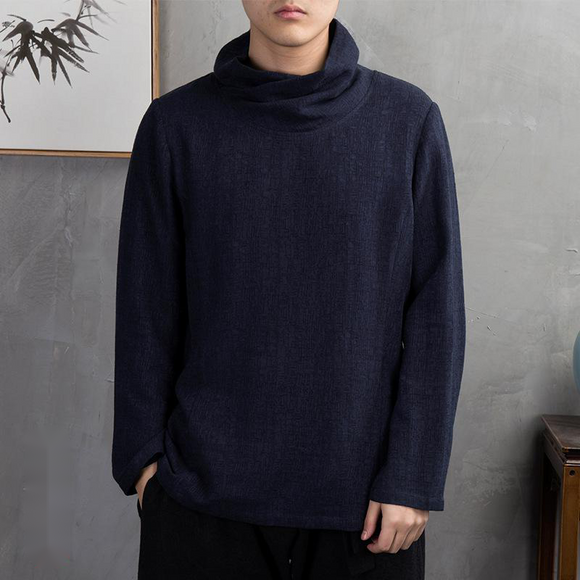Camiseta Lino Casual Manga Larga Estilo Asiático para Hombre