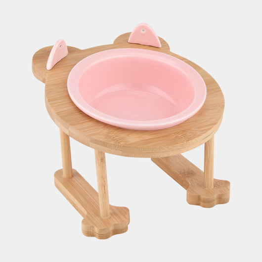Comedero Doble de Cerámica para Perros y Gatos con Base de Madera