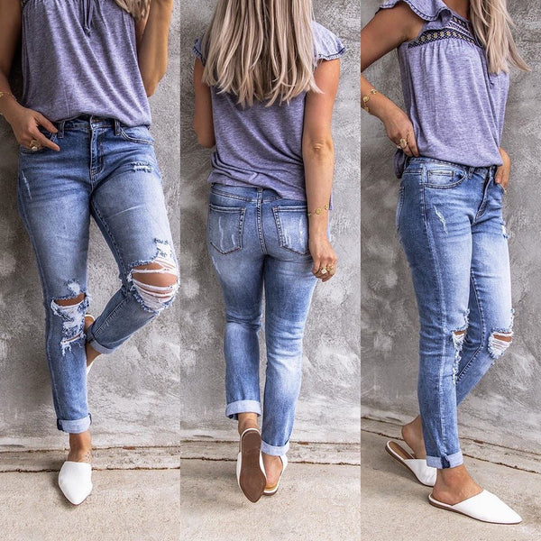Jeans Rectos Ajustados con Detalles Rotos - Estilo Retro