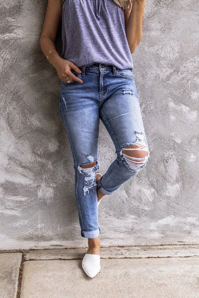 Jeans Rectos Ajustados con Detalles Rotos - Estilo Retro - Image 5