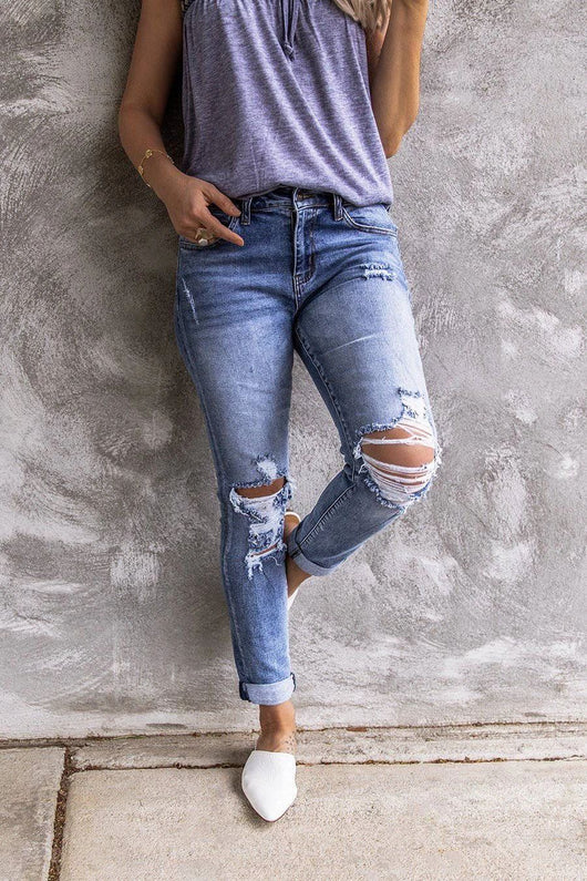 Jeans Rectos Ajustados con Detalles Rotos - Estilo Retro - Image 9