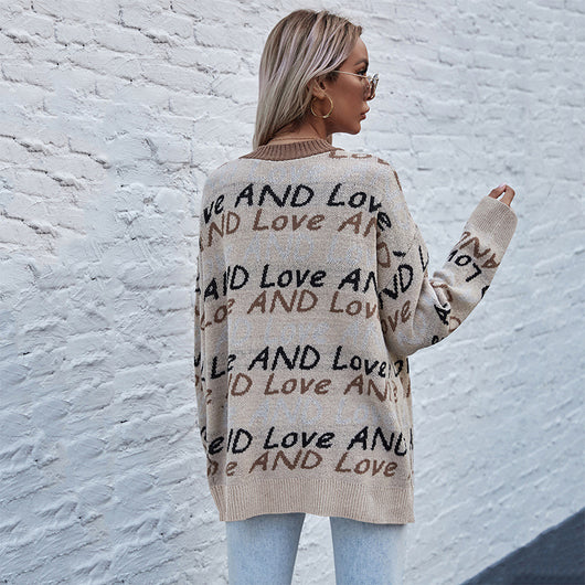 Cardigan Suelto Escote V con Letras - Largo Tejido Europeo Americano - Image 7