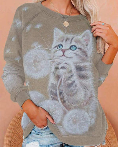 Suéter Holgado para Mujer con Estampado de Gatos y Cuello Redondo - Image 11
