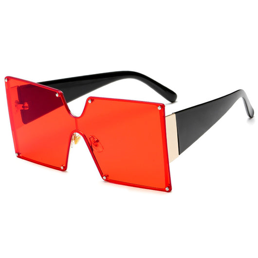Oversized rimless square sunglasses with gradient brown lenses, black temples, and gold-tone accents. - Image 3