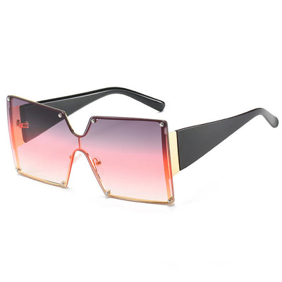 Oversized rimless square sunglasses with gradient brown lenses, black temples, and gold-tone accents. - Image 7
