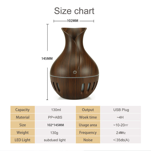 Dark brown wood grain mini USB humidifier with a vase-like shape and a green LED light band and slots. - Image 9