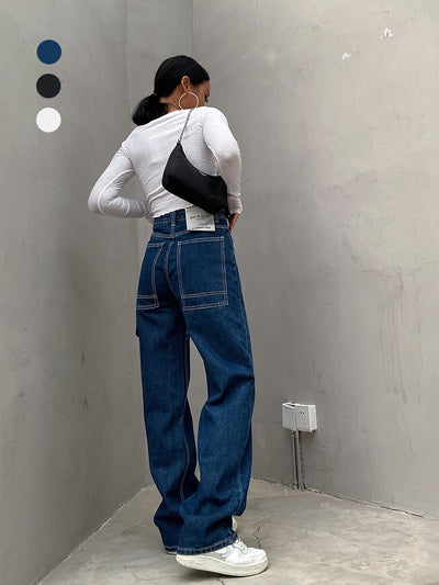 Pantalones Jeans Mujer Cintura Alta Corte Recto Efecto Drapeado - Image 7
