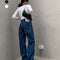 Pantalones Jeans Mujer Cintura Alta Corte Recto Efecto Drapeado