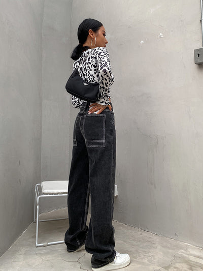 Pantalones Jeans Mujer Cintura Alta Corte Recto Efecto Drapeado - Image 4