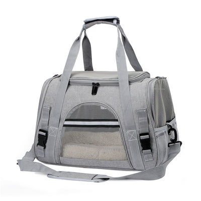 Black portable pet carrier with mesh windows, top handles, and a detachable shoulder strap on a white background. - Image 8