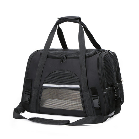 Black portable pet carrier with mesh windows, top handles, and a detachable shoulder strap on a white background. - Image 12