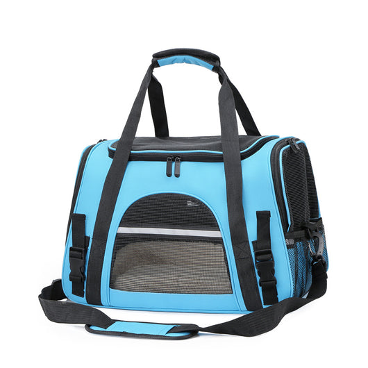 Black portable pet carrier with mesh windows, top handles, and a detachable shoulder strap on a white background. - Image 11