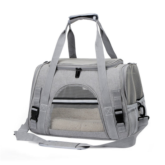 Black portable pet carrier with mesh windows, top handles, and a detachable shoulder strap on a white background. - Image 6