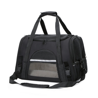 Black portable pet carrier with mesh windows, top handles, and a detachable shoulder strap on a white background. - Image 4