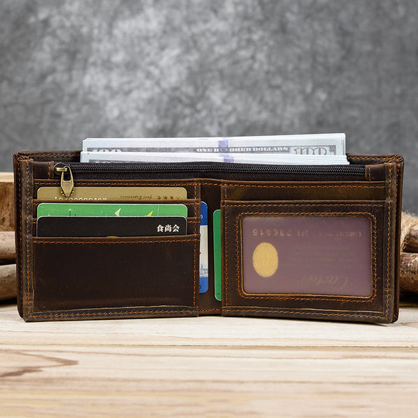 Billetera de Cuero Vintage Bifold con Monedero y Cierre - Piel de Res Primera Calidad