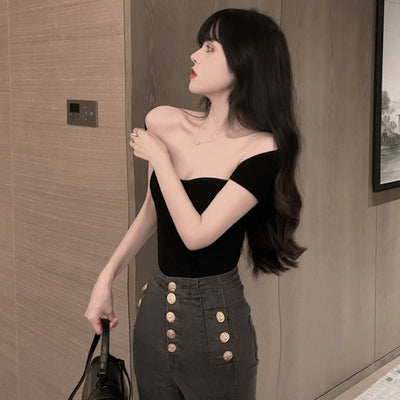 Blusa Ajustada de Punto Manga Corta con Escote Clavícula - Image 9