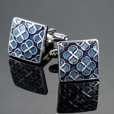 Mancuernillas Vintage con Patrón de Cristal Esmaltado Azul - Image 4