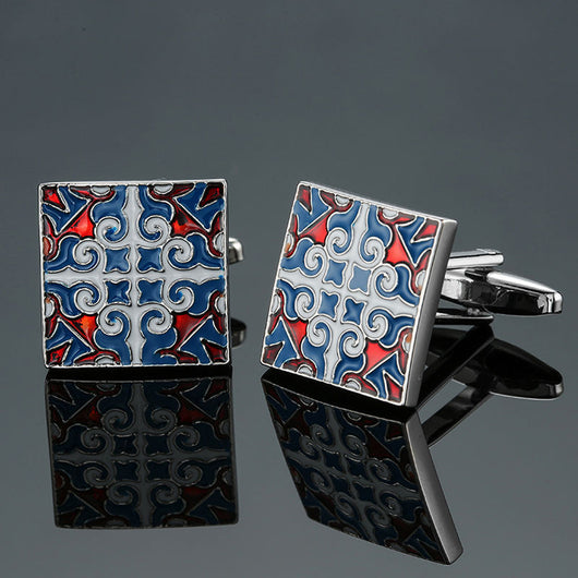 Mancuernillas Vintage con Patrón de Cristal Esmaltado Azul
