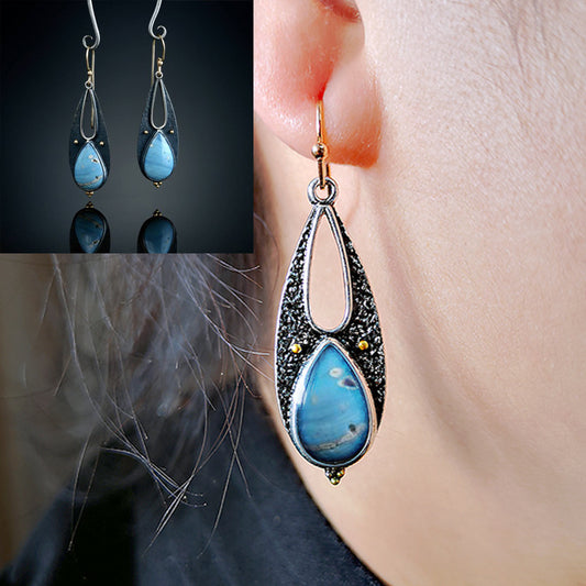 Aretes Artesanales Gota de Agua Azul Resina Vintage Boho Étnico Tribal Colgantes Metálicos Hechos a Mano