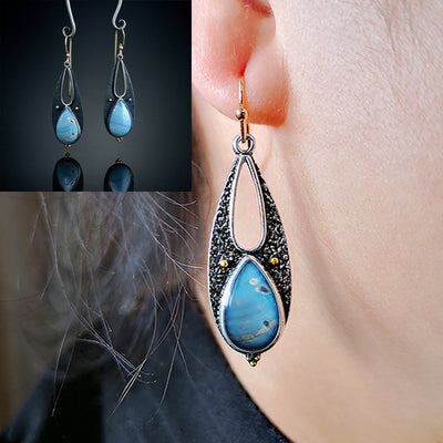 Aretes Artesanales Gota de Agua Azul Resina Vintage Boho Étnico Tribal Colgantes Metálicos Hechos a Mano