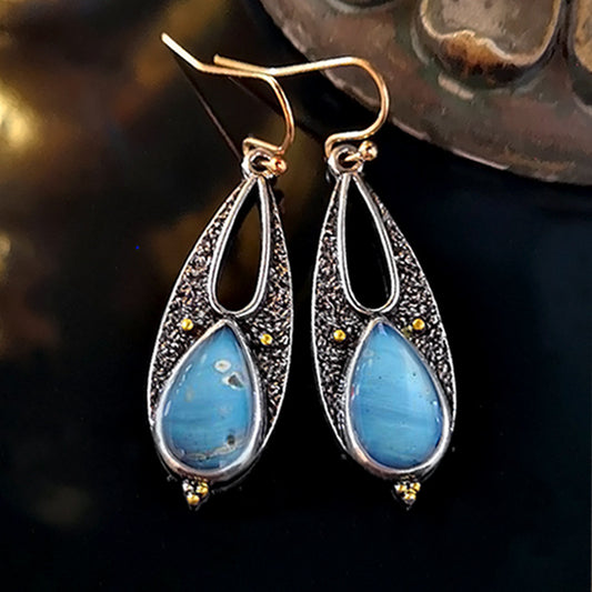 Aretes Artesanales Gota de Agua Azul Resina Vintage Boho Étnico Tribal Colgantes Metálicos Hechos a Mano - Image 2