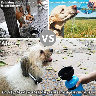 Pink and black foldable pet water bottle with integrated bowl, shown extended and collapsed, with a dog drinking. - Image 3