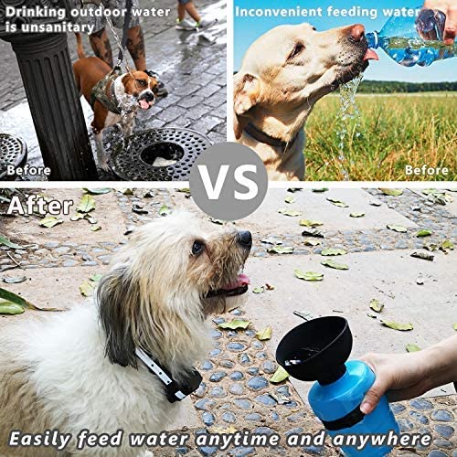 Pink and black foldable pet water bottle with integrated bowl, shown extended and collapsed, with a dog drinking. - Image 3