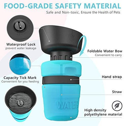 Pink and black foldable pet water bottle with integrated bowl, shown extended and collapsed, with a dog drinking. - Image 8