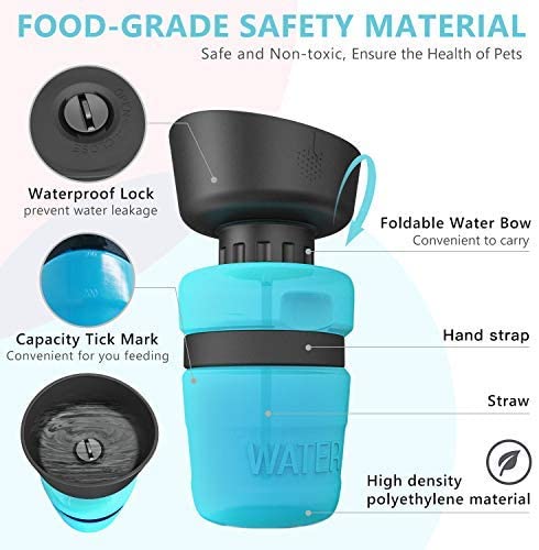 Pink and black foldable pet water bottle with integrated bowl, shown extended and collapsed, with a dog drinking. - Image 8