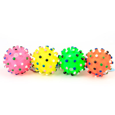 Four colorful vinyl thorn balls for pets, featuring green, orange, yellow, and pink bases with multi-colored spikes. - Image 3
