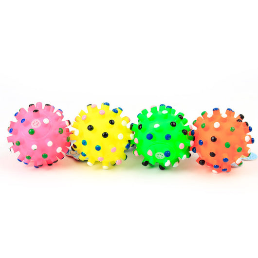 Four colorful vinyl thorn balls for pets, featuring green, orange, yellow, and pink bases with multi-colored spikes. - Image 3