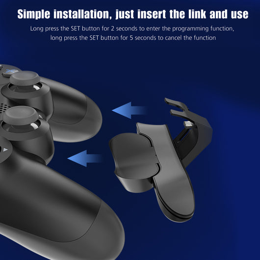 Black PS4 handle back clip key extender with two programmable paddles, Turbo and Set buttons, and mapping indicators. - Image 2