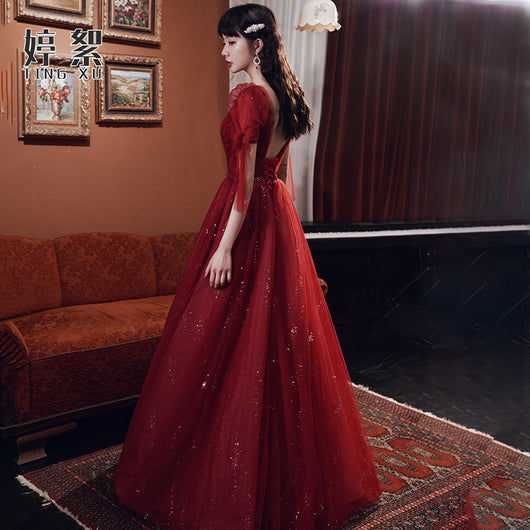 Vestido de Banquete Rojo Vino con Temperamento Elegante para Mujer - Image 7