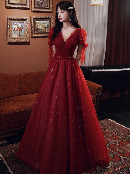 Vestido de Banquete Rojo Vino con Temperamento Elegante para Mujer