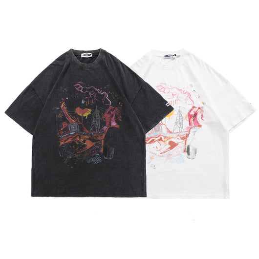 Camiseta Hombre Estampado Urbano Desgastado - Estilo Hip-Hop Trendy