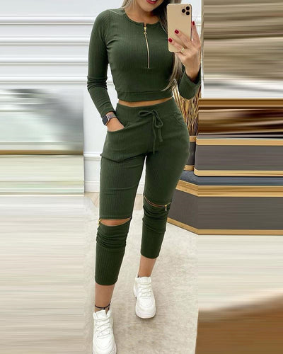 Traje Casual Ajustado Verde Militar con Detalles de Cierre - Image 7