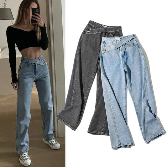 Jeans Rectos de Cintura Oblicua y Pierna Ancha - Colección Otoño