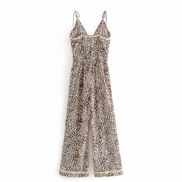 Jumpsuit con Escote en V, Cintura Ajustada y Pantalón Ancho con Tirantes