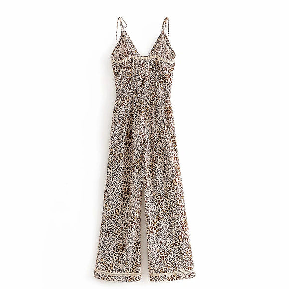 Jumpsuit con Escote en V, Cintura Ajustada y Pantalón Ancho con Tirantes