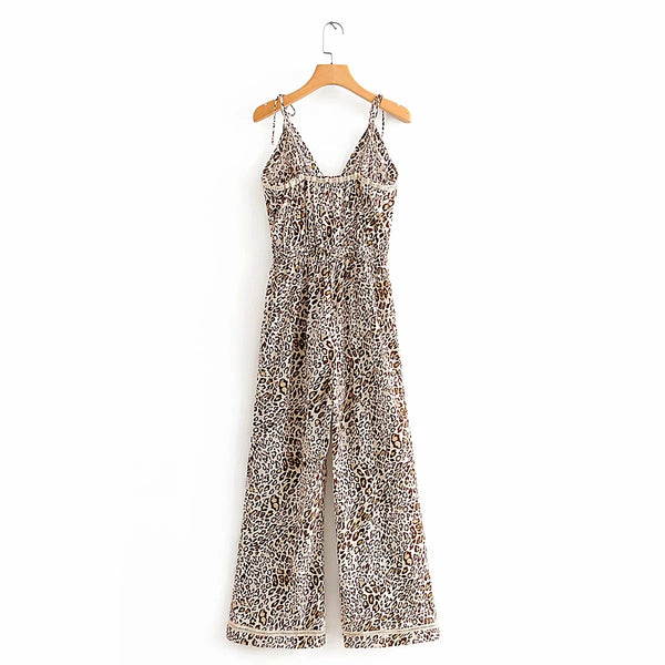 Jumpsuit con Escote en V, Cintura Ajustada y Pantalón Ancho con Tirantes