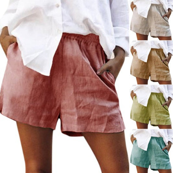 Shorts de Lino Cintura Alta Color Sólido con Bolsillos