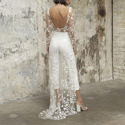 Jumpsuit Elegante de Encaje Transparente con Mangas Largas y Capa Superpuesta - Image 9