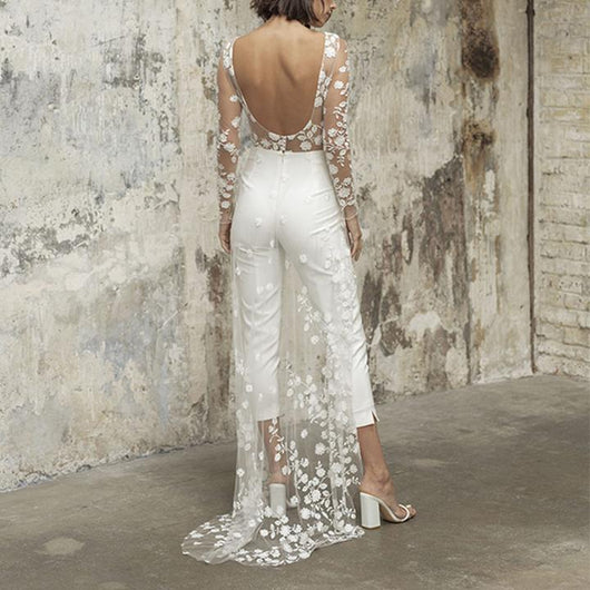 Jumpsuit Elegante de Encaje Transparente con Mangas Largas y Capa Superpuesta - Image 9