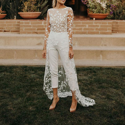 Jumpsuit Elegante de Encaje Transparente con Mangas Largas y Capa Superpuesta - Image 13