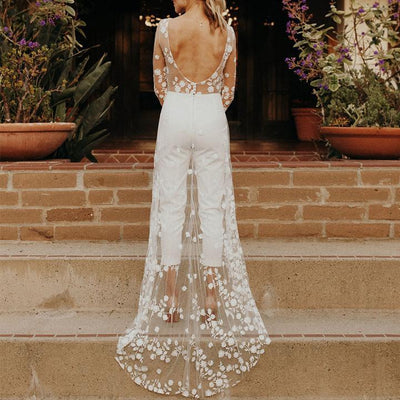 Jumpsuit Elegante de Encaje Transparente con Mangas Largas y Capa Superpuesta - Image 5