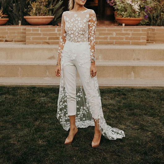 Jumpsuit Elegante de Encaje Transparente con Mangas Largas y Capa Superpuesta - Image 3